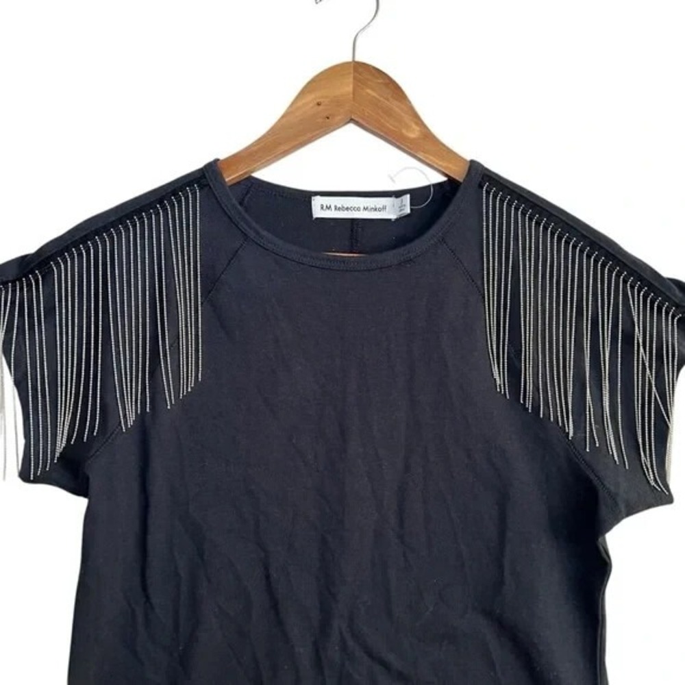 Rebecca Minkoff Black Fringe Shoulder Tee Top Size‎ S NWOT Embellished Chic - Picture 4 of 7
